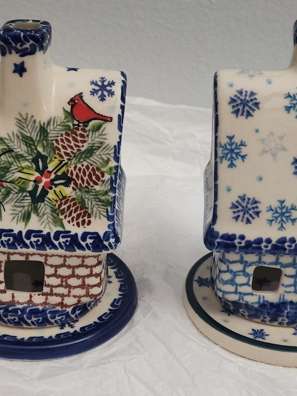 2 Kalich Ceramic Unikat Votive Houses With Plates / Blue Rim and Black Stamp